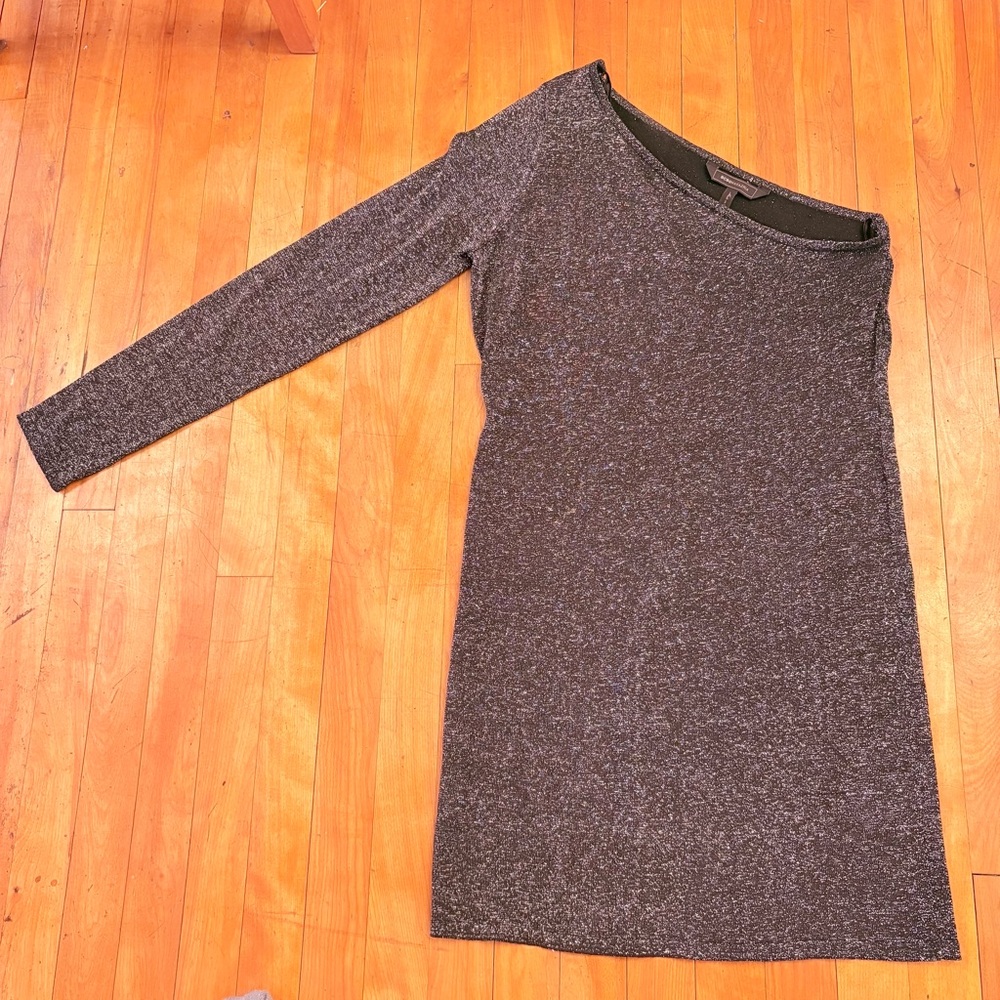 BCBG MAX AZRIA Inya Black Metallic Silver Lurex One Shoulder Dress - Large